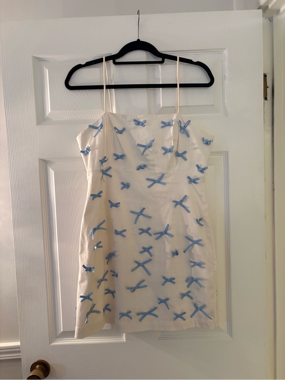 Anthropologie White Dress with Light Blue Bow Appliqués